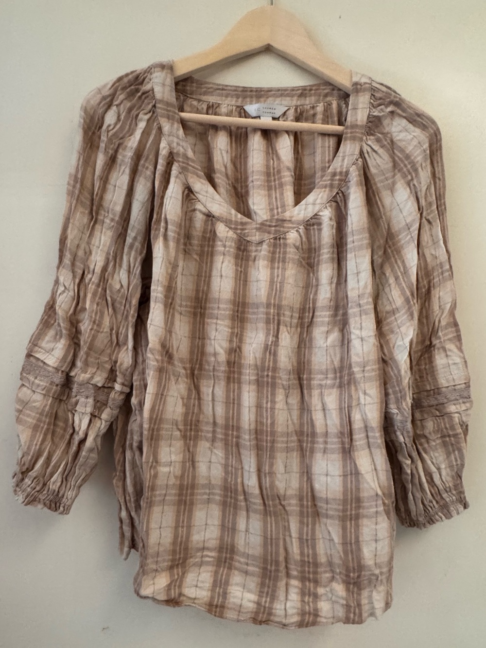 LC Lauren Conrad Tan and Cream Plaid Peasant Blouse